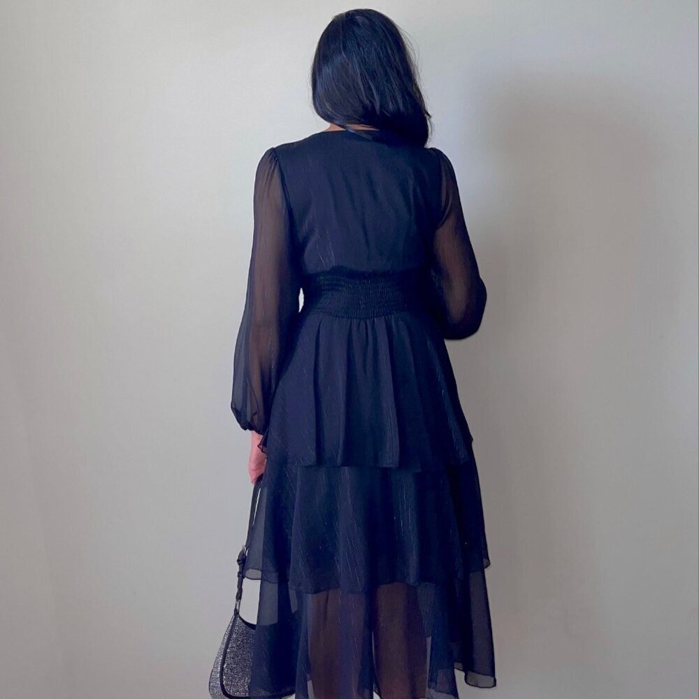 Tulle Tiered Black V Neck Midi Dress - Picture 6 of 6